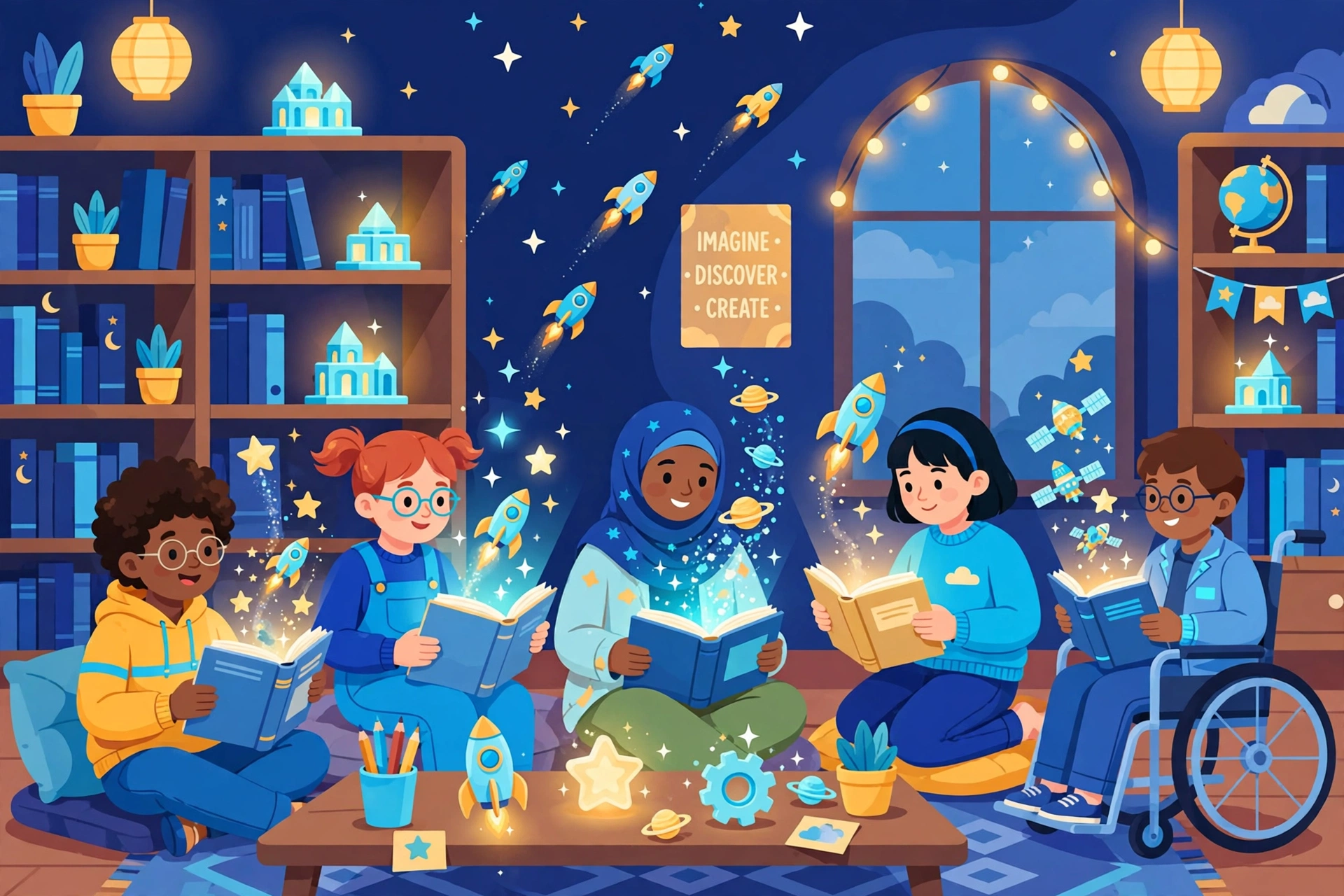 Illustration of diverse kids reading books while 3D printed rockets and stars float out of the pages
